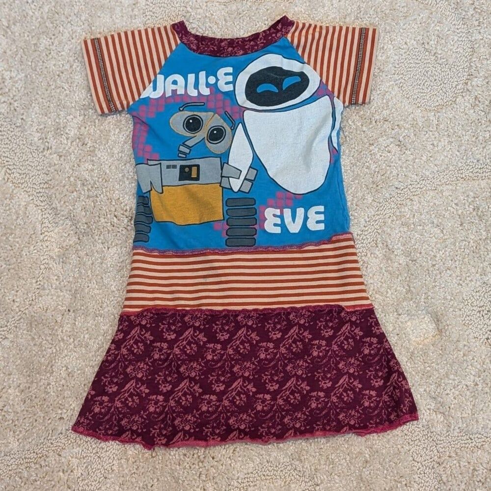 Handmade Upcycled Girl's WALL-E & Eve T-shirt Dress Stripes/Floral Patterns 4/5